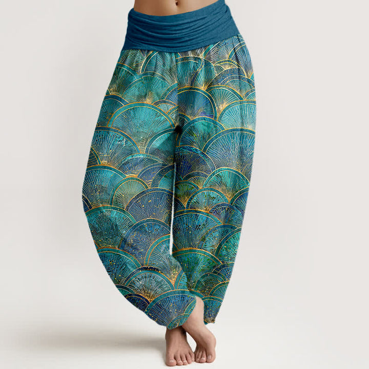 Buddha Stones Harembroek voor dames van 100% Cotton met turquoise Waaier en elastische Taille - Turkoois - US16, UK/AU20, EU48 (3XL) - image 0