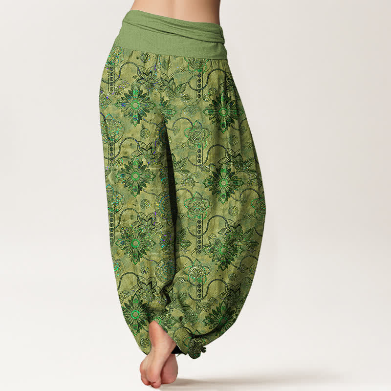 Buddha Stones Harembroek voor dames van 100% Cotton met olijfgroene boho-bloemen en ruitpatroon, elastische Taille - image 1