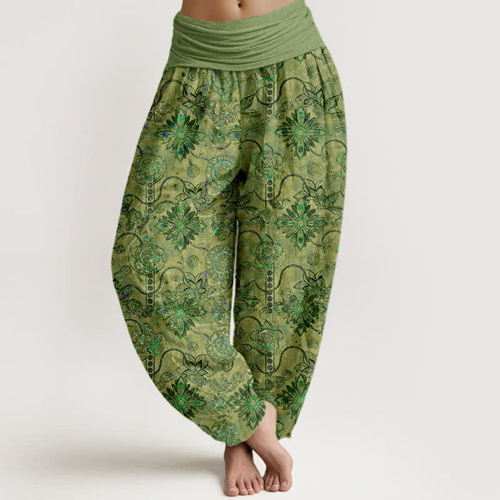 Buddha Stones Harembroek voor dames van 100% Cotton met olijfgroene boho-bloemen en ruitpatroon, elastische Taille - Olijf - US16, UK/AU20, EU48 (3XL) - image 0