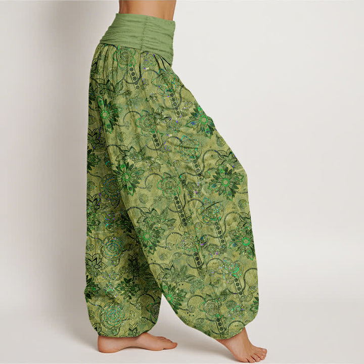Buddha Stones Harembroek voor dames van 100% Cotton met olijfgroene boho-bloemen en ruitpatroon, elastische Taille - image 2