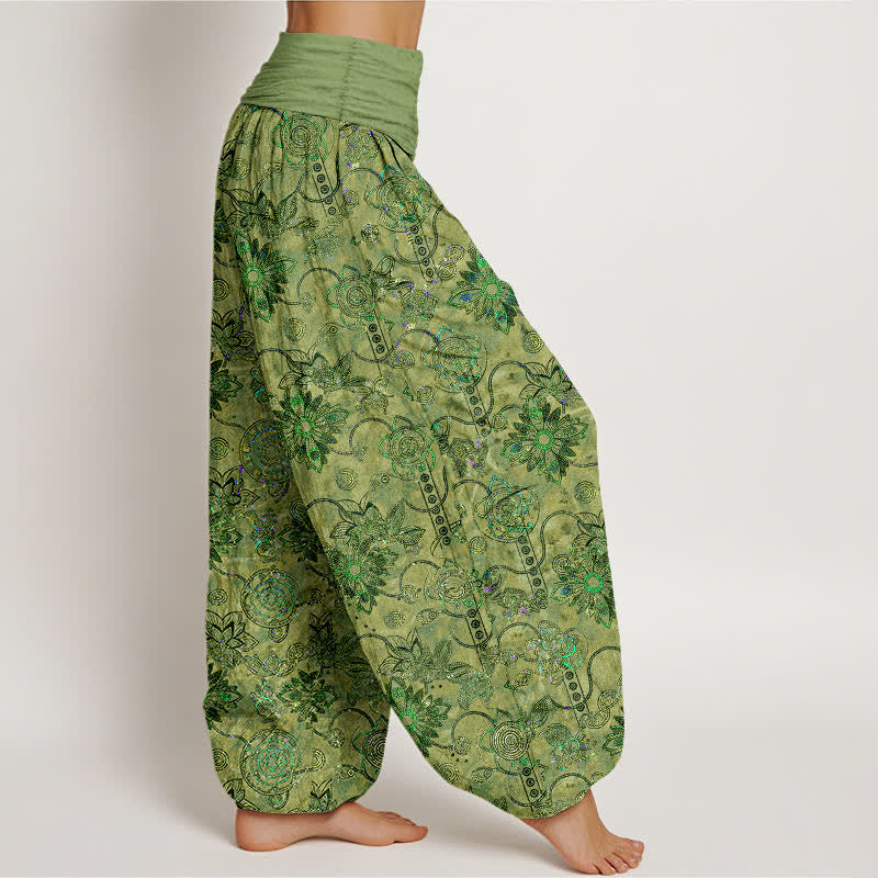 Buddha Stones Harembroek voor dames van 100% Cotton met olijfgroene boho-bloemen en ruitpatroon, elastische Taille - image 2