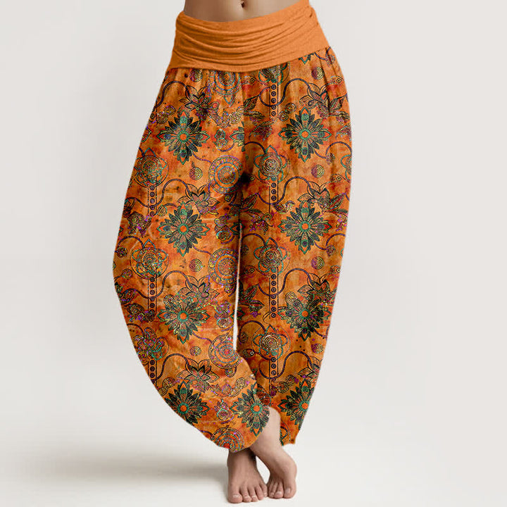 Buddha Stones Harembroek voor dames van 100% Cotton met olijfgroene boho-bloemen en ruitpatroon, elastische Taille - Oranje - US16, UK/AU20, EU48 (3XL) - image 5