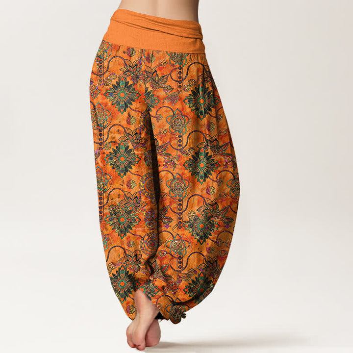 Buddha Stones Harembroek voor dames van 100% Cotton met olijfgroene boho-bloemen en ruitpatroon, elastische Taille - image 6