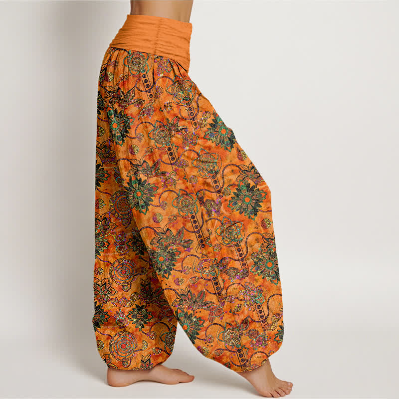 Buddha Stones Harembroek voor dames van 100% Cotton met olijfgroene boho-bloemen en ruitpatroon, elastische Taille - image 7