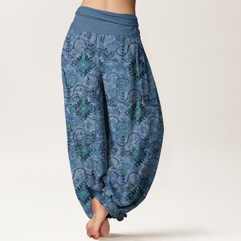 Buddha Stones Harembroek voor dames van 100% Cotton met olijfgroene boho-bloemen en ruitpatroon, elastische Taille - image 9