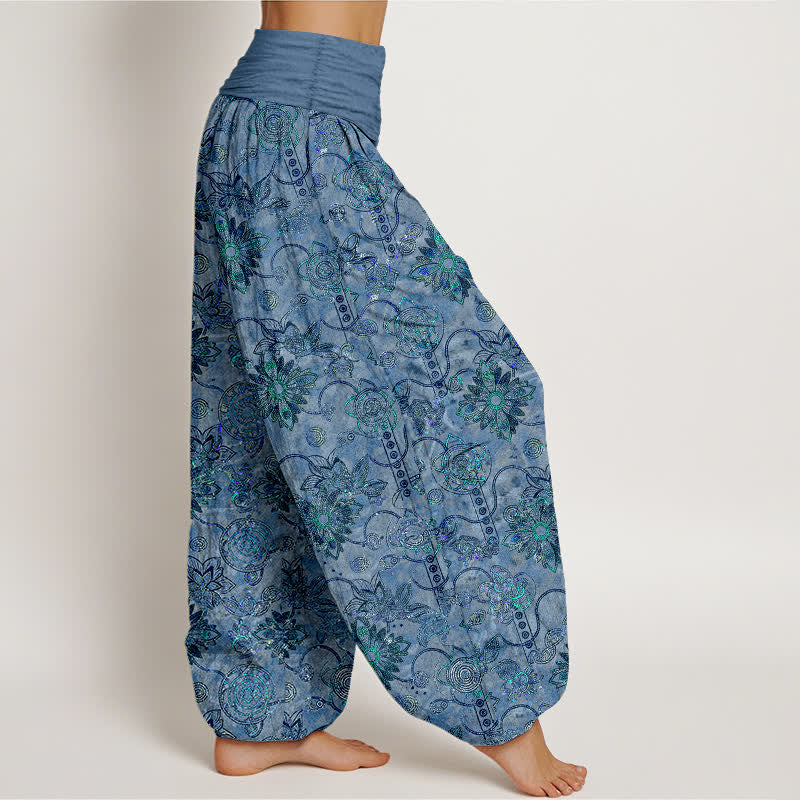Buddha Stones Harembroek voor dames van 100% Cotton met olijfgroene boho-bloemen en ruitpatroon, elastische Taille - image 10