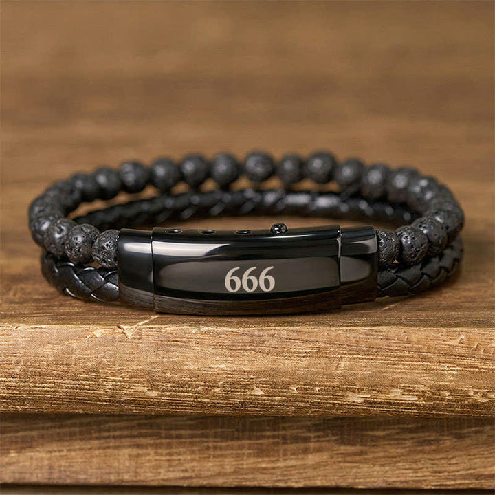 Buddha Stones Lavasteen Engelengetallen Dubbele Leren Armband met Geloofsmotief - Lavasteen (Polsomtrek: 18-19 cm) - 666 - image 31