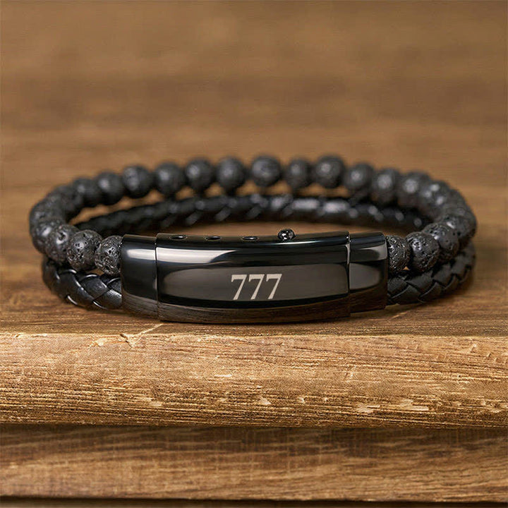 Buddha Stones Lavasteen Engelengetallen Dubbele Leren Armband met Geloofsmotief - Lavasteen (Polsomtrek: 18-19 cm) - 777 - image 35