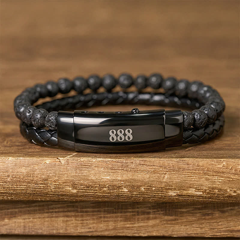 Buddha Stones Lavasteen Engelengetallen Dubbele Leren Armband met Geloofsmotief - Lavasteen (Polsomtrek: 18-19 cm) - 888 - image 0