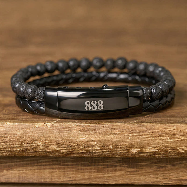 Buddha Stones Lavasteen Engelengetallen Dubbele Leren Armband met Geloofsmotief - Lavasteen (Polsomtrek: 18-19 cm) - 888 - image 0