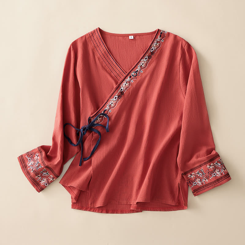 Buddha Stones Casual damesoverhemd met geborduurde bloemen, schuine kraag en bandjes , Lange mouw. - Vuurvaste steen - US8-10, UK/AU12-14, EU 40-42 (3XL) - image 0