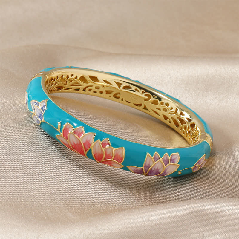 Buddha Stones Koperen Lotus Cloisonné Emaille Verlichting Bangle Armband - Turkooisblauw - image 3