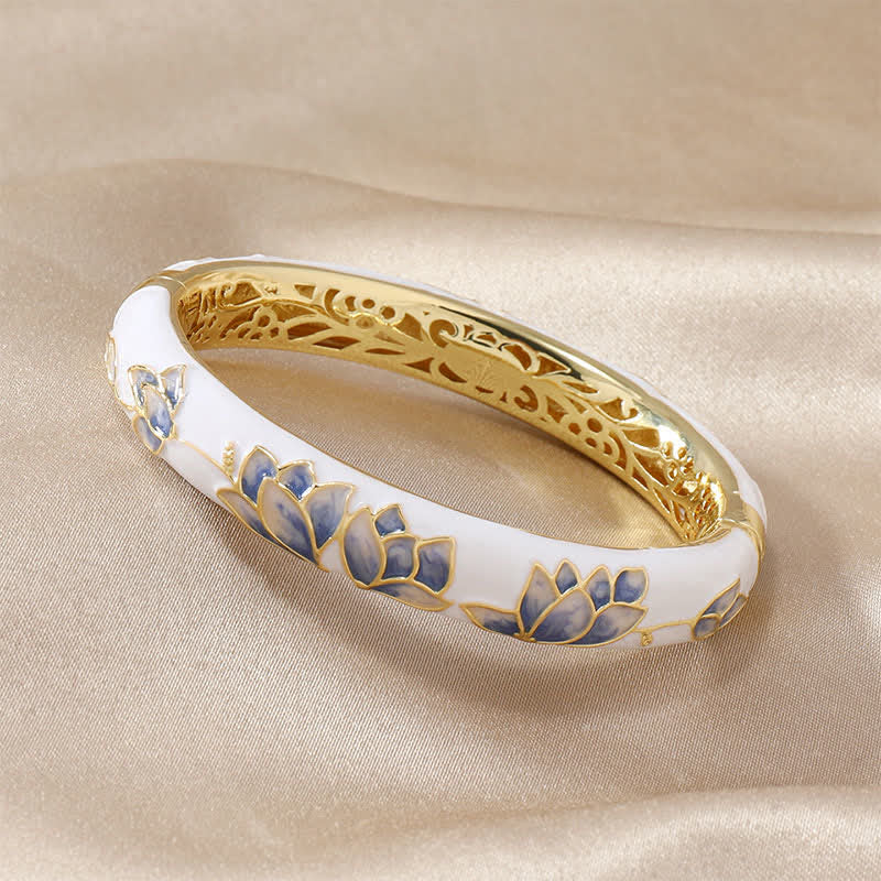 Buddha Stones Koperen Lotus Cloisonné Emaille Verlichting Bangle Armband - Wit - image 1