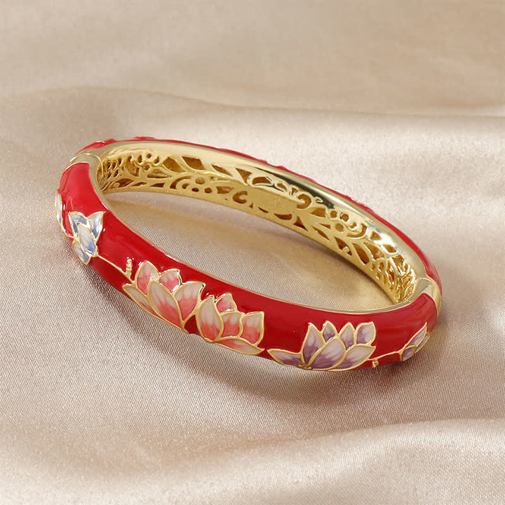 Buddha Stones Koperen Lotus Cloisonné Emaille Verlichting Bangle Armband - Rood - image 0