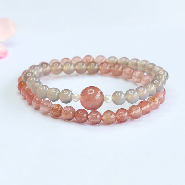 Buddha Stones Aardbeikwarts Grijze Agaat Dubbele Armband met Positieve Positief - image 1