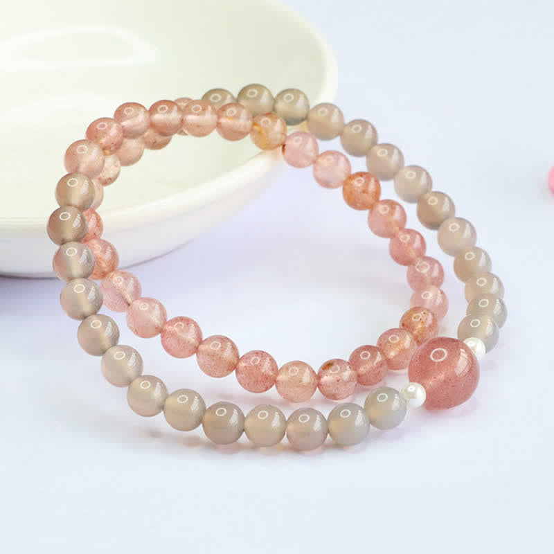 Buddha Stones Aardbeikwarts Grijze Agaat Dubbele Armband met Positieve Positief - Aardbeikwarts (Polsomtrek: 14-15 cm) - image 0