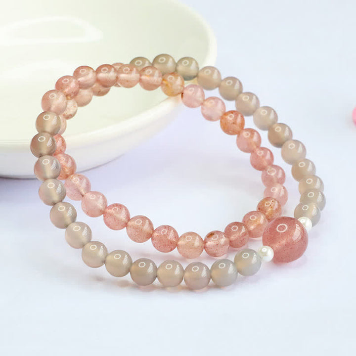 Buddha Stones Aardbeikwarts Grijze Agaat Dubbele Armband met Positieve Positief - Aardbeikwarts (Polsomtrek: 14-15 cm) - image 0