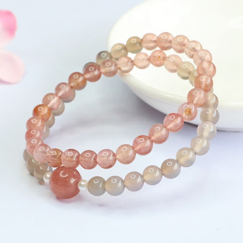 Buddha Stones Aardbeikwarts Grijze Agaat Dubbele Armband met Positieve Positief - image 3