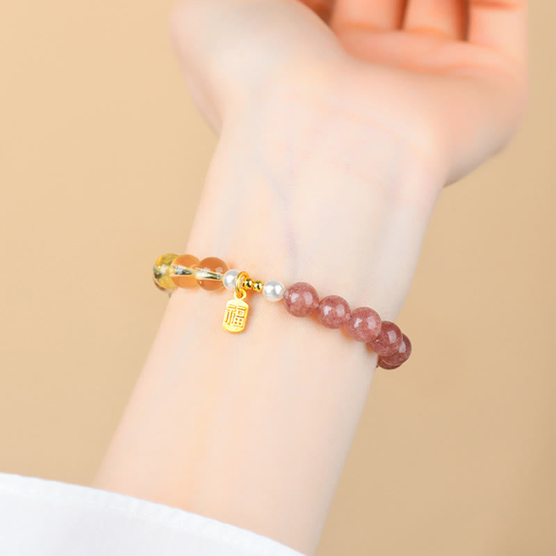 Buddha Stones Armband met aardbeikwarts en citrien, symbool voor de vijf elementen en het Fu-karakter. - image 2