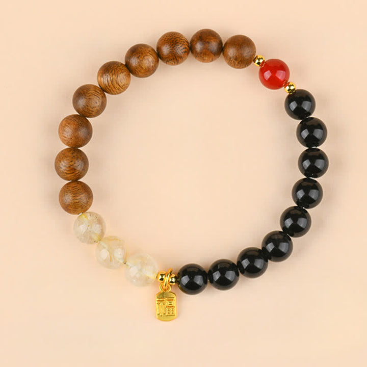 Buddha Stones Armband met aardbeikwarts en citrien, symbool voor de vijf elementen en het Fu-karakter. - Hout Water Aarde (Polsomtrek: 15-16 cm) - image 19