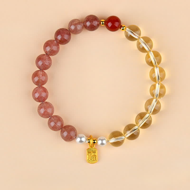 Buddha Stones Armband met aardbeikwarts en citrien, symbool voor de vijf elementen en het Fu-karakter. - Vuur Metaal Aarde (Polsomtrek: 15-16 cm) - image 0