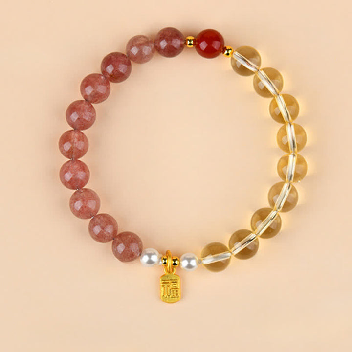 Buddha Stones Armband met aardbeikwarts en citrien, symbool voor de vijf elementen en het Fu-karakter. - Vuur Metaal Aarde (Polsomtrek: 15-16 cm) - image 0