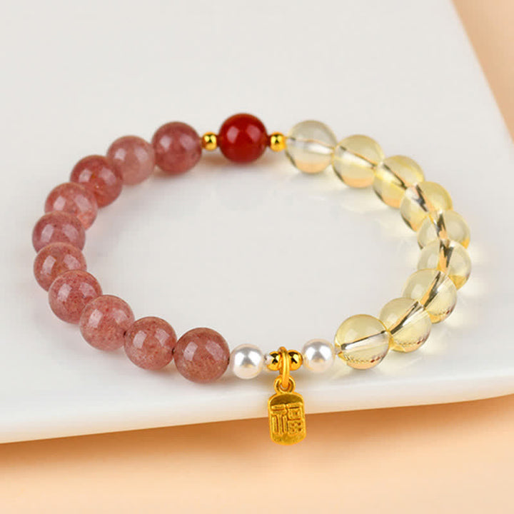 Buddha Stones Armband met aardbeikwarts en citrien, symbool voor de vijf elementen en het Fu-karakter. - image 1
