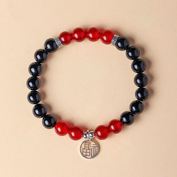 Buddha Stones Zwarte Onyx Fu karakter kralen Armband - Zwarte onyx en rode agaat (Polsomtrek: 15-16 cm) - image 9
