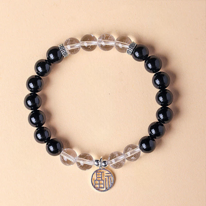 Buddha Stones Zwarte Onyx Fu karakter kralen Armband - Zwarte onyx en heldere kwarts (Polsomtrek: 15-16 cm) - image 0