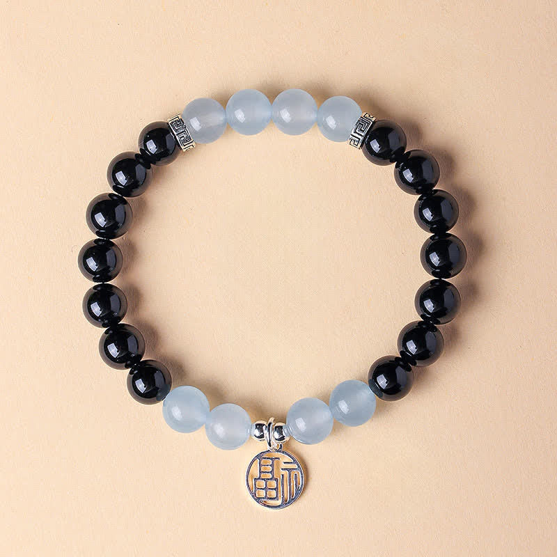 Buddha Stones Zwarte Onyx Fu karakter kralen Armband - Zwarte onyx, blauwe chalcedoon (Polsomtrek: 15-16 cm) - image 12