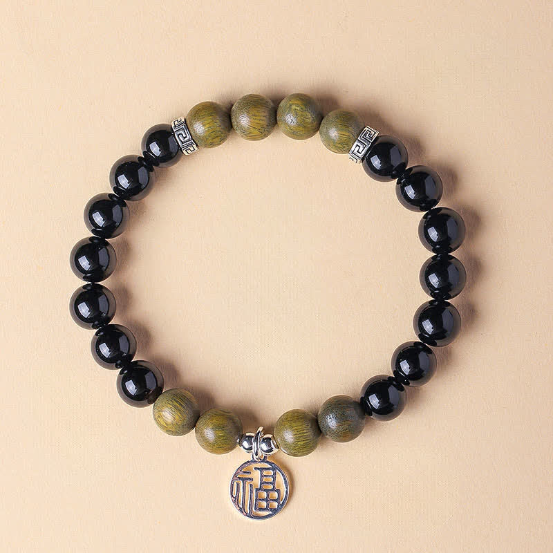 Buddha Stones Zwarte Onyx Fu karakter kralen Armband - Zwarte onyx, groene sandelhout (Polsomtrek: 15-16 cm) - image 16