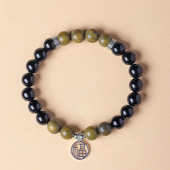 Buddha Stones Zwarte Onyx Fu karakter kralen Armband - Zwarte onyx, groene sandelhout (Polsomtrek: 15-16 cm) - image 16