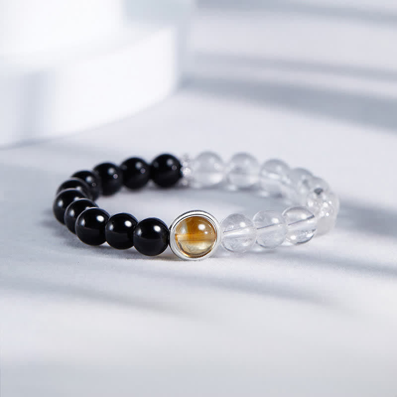 Buddha Stones Armband van helder kwarts en zwarte obsidiaan - Helder kwarts, zwarte obsidiaan (Polsomtrek: 15-16 cm) - image 0