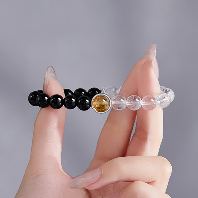 Buddha Stones Armband van helder kwarts en zwarte obsidiaan - image 2