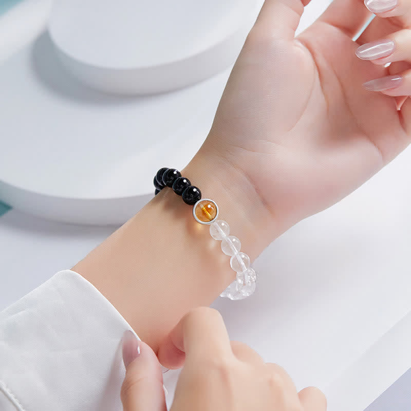 Buddha Stones Armband van helder kwarts en zwarte obsidiaan - image 3