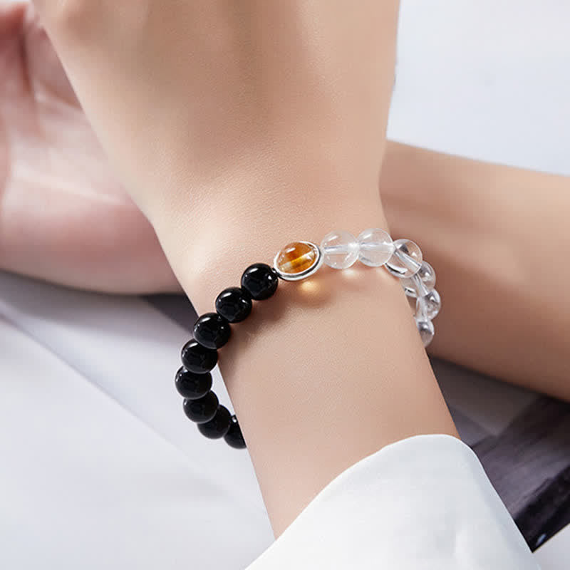 Buddha Stones Armband van helder kwarts en zwarte obsidiaan - image 4