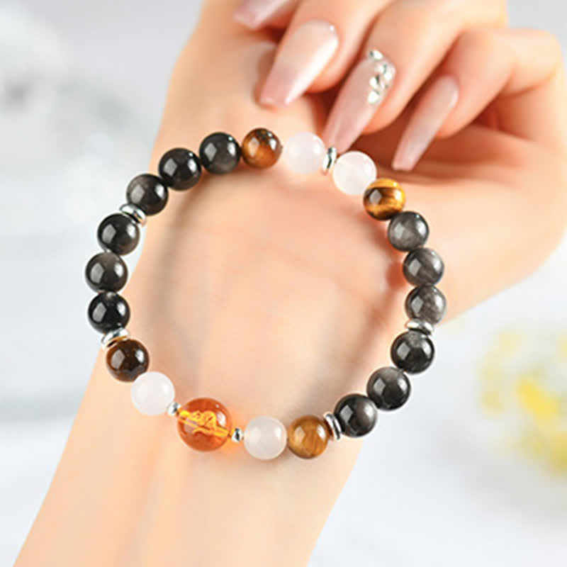 Buddha Stones Natuurlijke kristallen, zilverglanzende obsidiaan, Chinese dierenriem Armband - Rat (Polsomtrek: 15-16 cm) - image 0
