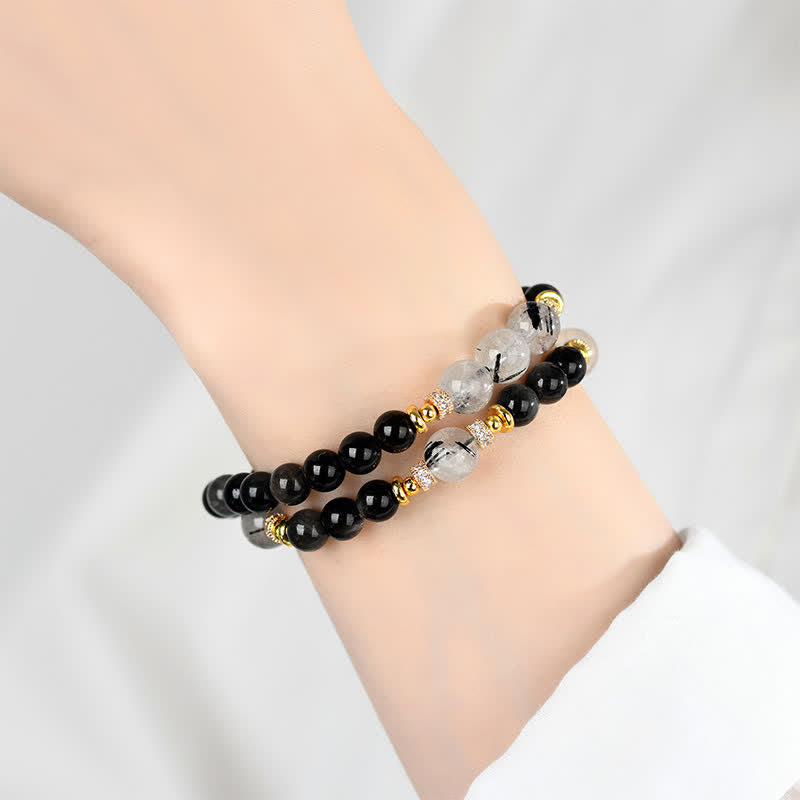 Buddha Stones Natuurlijke zilverkleurige obsidiaan dubbele Armband voor ontspanning - image 4