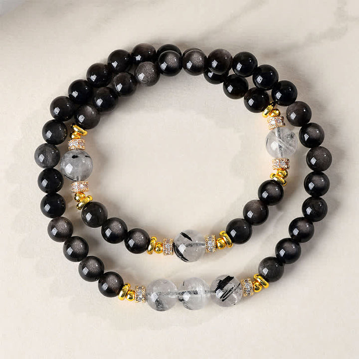Buddha Stones Natuurlijke zilverkleurige obsidiaan dubbele Armband voor ontspanning - Zilverglanzende obsidiaan (Aarding ♥ Intuïtie) - image 0