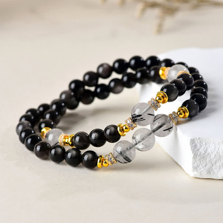 Buddha Stones Natuurlijke zilverkleurige obsidiaan dubbele Armband voor ontspanning - image 1