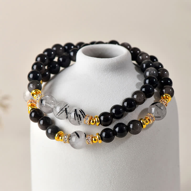 Buddha Stones Natuurlijke zilverkleurige obsidiaan dubbele Armband voor ontspanning - image 2