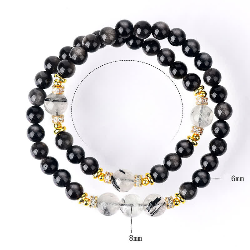 Buddha Stones Natuurlijke zilverkleurige obsidiaan dubbele Armband voor ontspanning - image 8