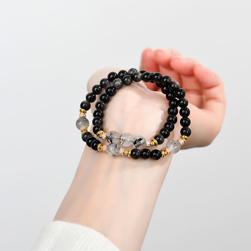 Buddha Stones Natuurlijke zilverkleurige obsidiaan dubbele Armband voor ontspanning - image 7