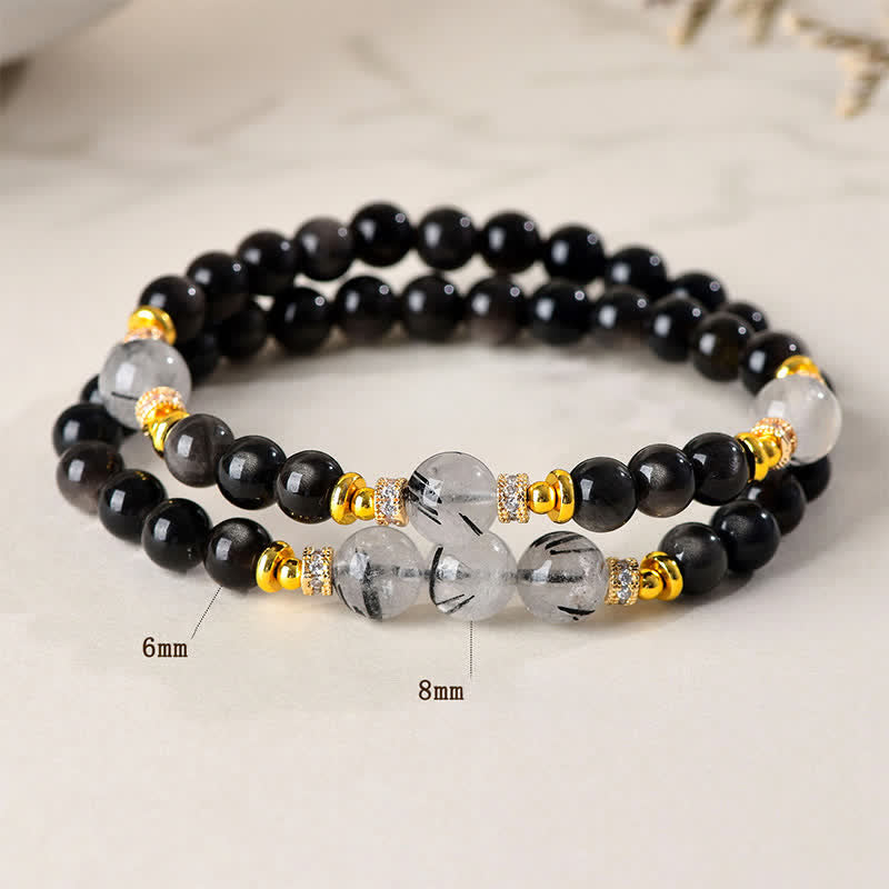 Buddha Stones Natuurlijke zilverkleurige obsidiaan dubbele Armband voor ontspanning - image 3