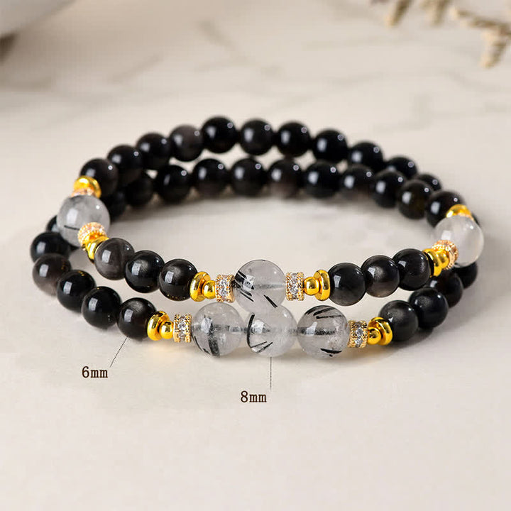Buddha Stones Natuurlijke zilverkleurige obsidiaan dubbele Armband voor ontspanning - image 3