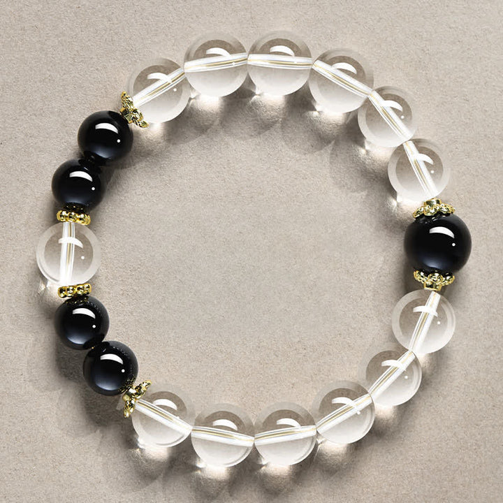 Buddha Stones Natuurlijke, heldere kwarts kralen, helende Armband - 10mm heldere kwarts met zwarte obsidiaan (Polsomtrek: 16-17 cm) - image 4