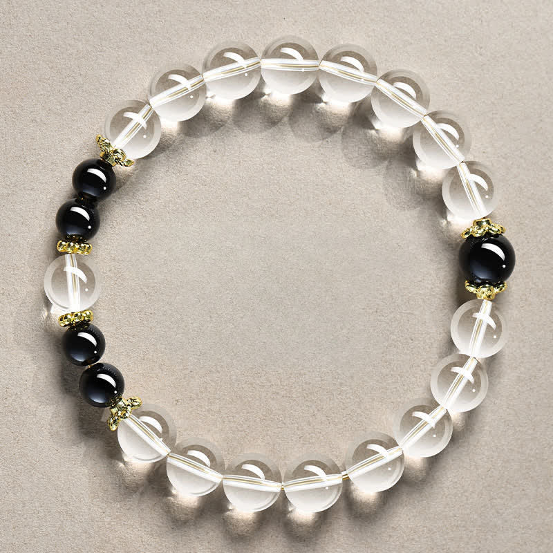 Buddha Stones Natuurlijke, heldere kwarts kralen, helende Armband - 8mm helder kwarts met zwarte obsidiaan (Polsomtrek: 15-16 cm) - image 0