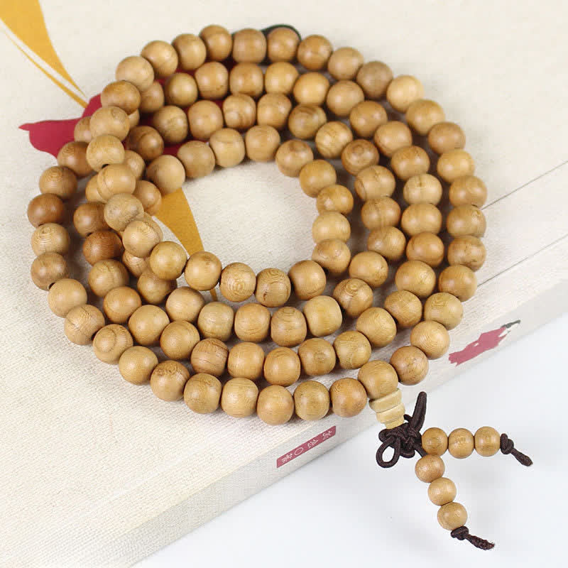 Buddha Stones Handgepolijste, geknoopte mala met 108 kralen van perzikhout . - 8mm - Normaal - Perzikhout (Bescherming♥Zuivering) - image 1