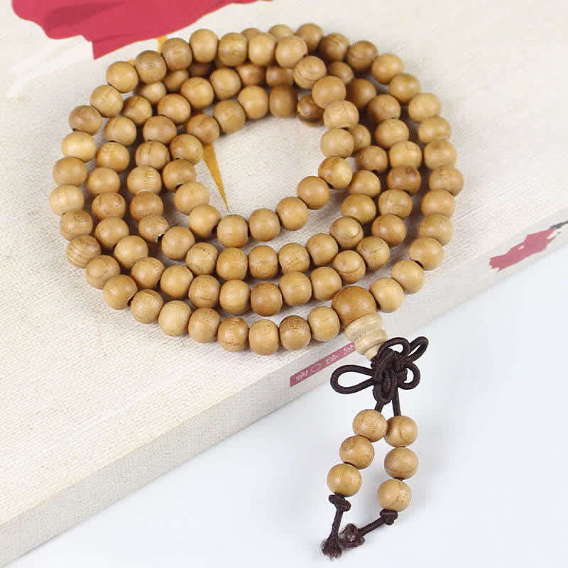 Buddha Stones Handgepolijste, geknoopte mala met 108 kralen van perzikhout . - 6mm - Normaal - Perzikhout (Bescherming♥Zuivering) - image 0