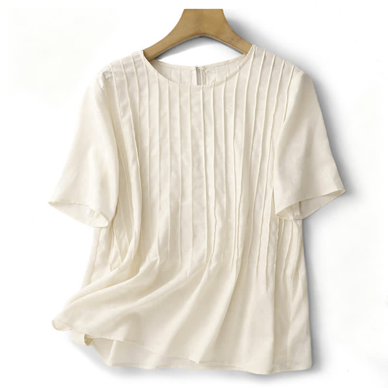 Buddha Stones Elegante, geplooide, effen T-shirts met Korte mouw voor dames voor de zomer - Beige - US6, UK/AU10, EU38 (XL) - image 1